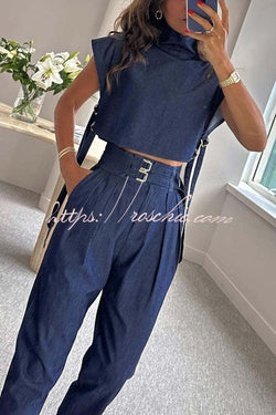 Posie High Neck Side Straps Top and Cargo Belt Pocketed Pants Set