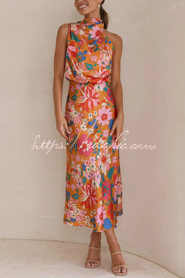 Fascinating Day Floral Halter Neck Elastic Waist Maxi Dress