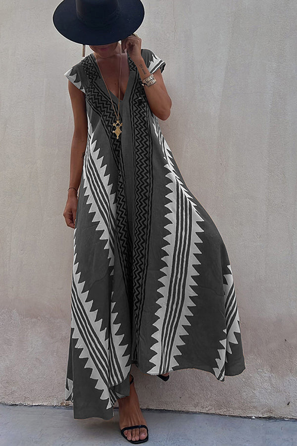 ethnic print maxi dress Beach Dates Ethnic Print A-line Maxi Dress, Ash / M