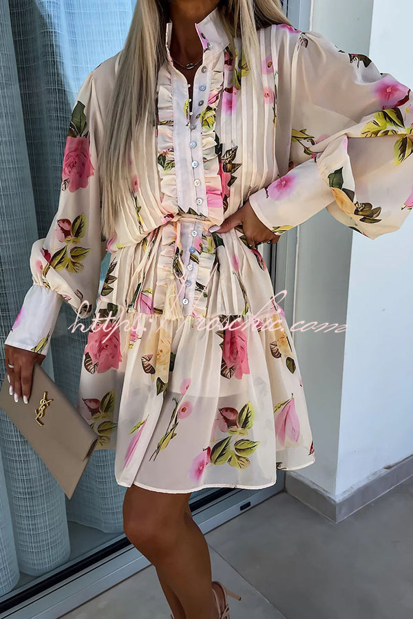 Sunset and Dreams Floral Print Subtle Tuck Lantern Sleeve Belt Mini Dress