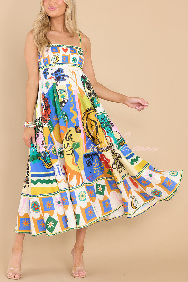 Joyful Glow Goddess Linen Blend Unique Print Pocketed Smocked Back Midi Dress