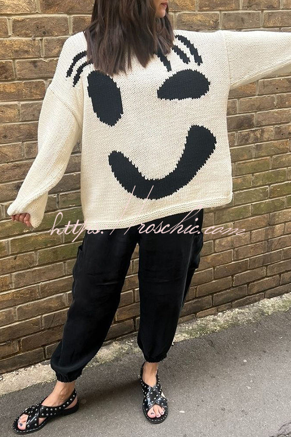 Feel Good Knit Colorful Smiley Face Loose Pullover Sweater