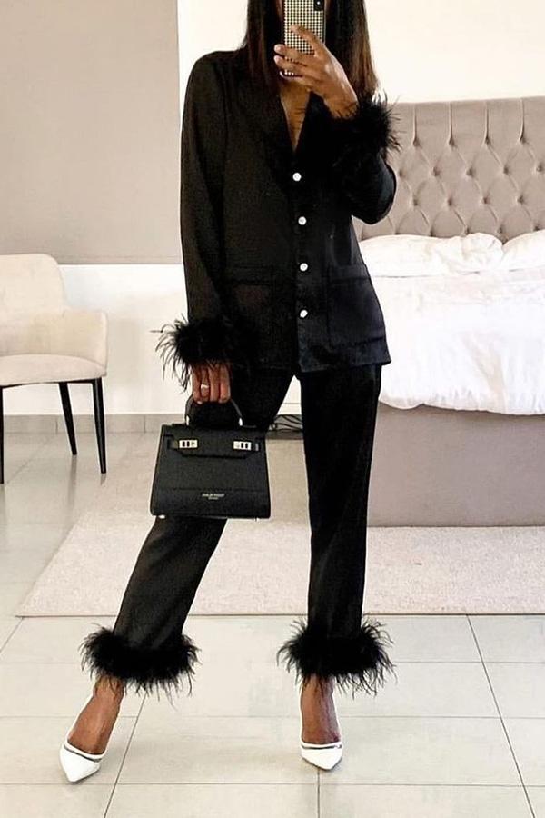 Solid Color Lapel Feather Trousers Two-piece Suit