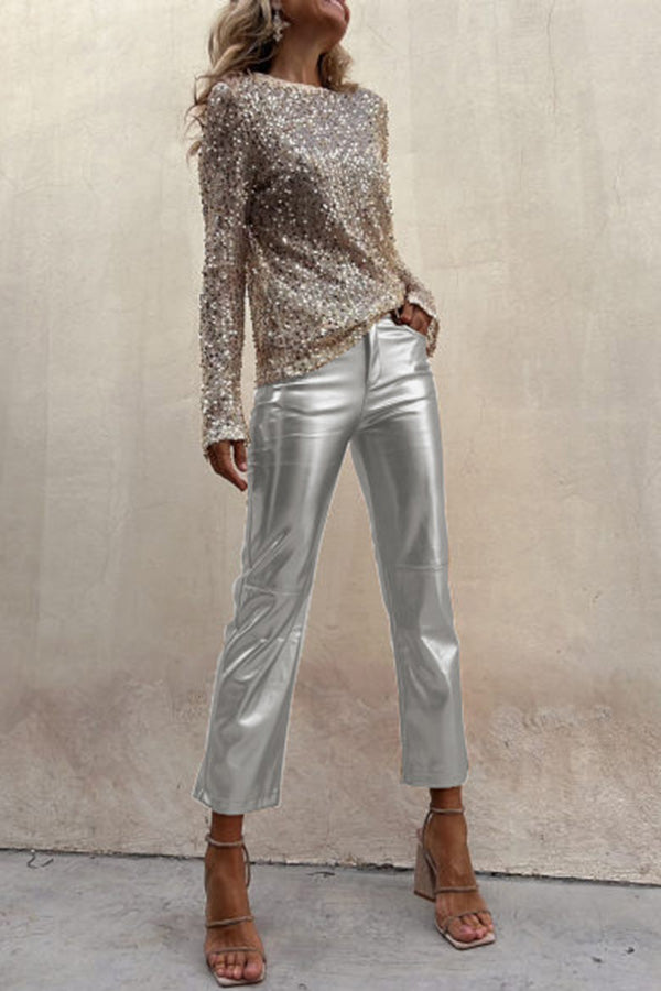 Sinclair Metallic Faux Leather High Rise Pocketed Straight Pants(Shipped Within 24 Hours)