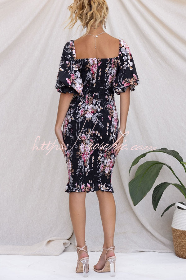 Midnight Beauty Floral Smocked Midi Dress