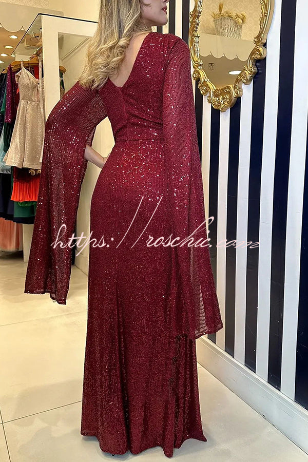 Shine Brighter Sequin Cape Sleeve Cross Waist Evening Maxi Dress