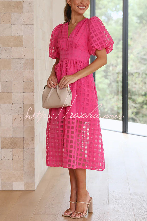 Remarkable Beauty Square Patterned Fabric Puff Sleeve Midi Dress