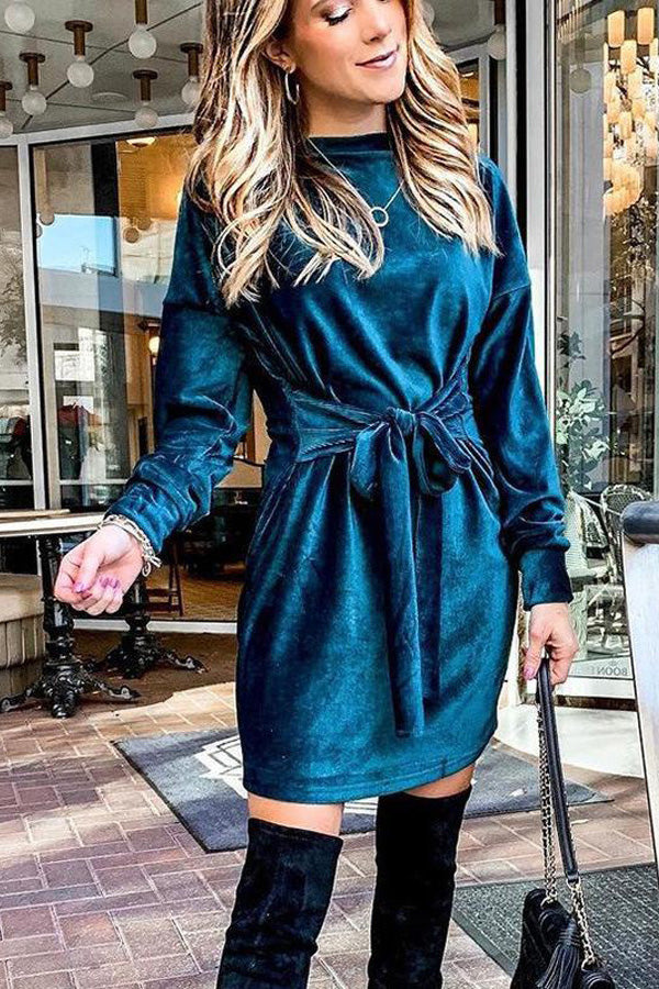 Christmas Tie Waist Velvet Round Neck Long Sleeve Holiday Dress