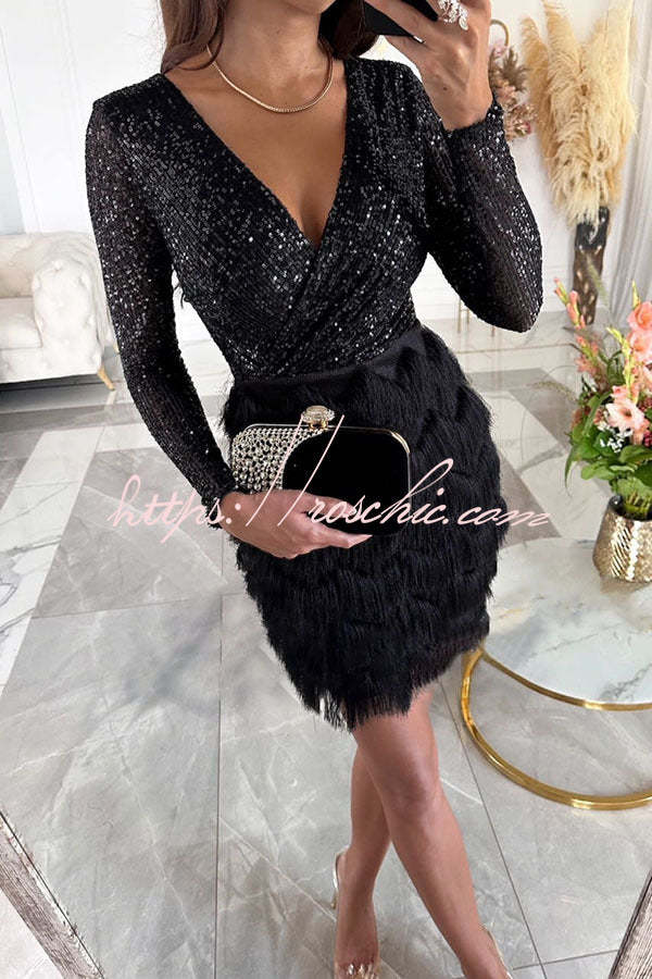 black sequin fringe mini dress Black Mini Dress with Fringe and Sequins XXS / 0 / Black