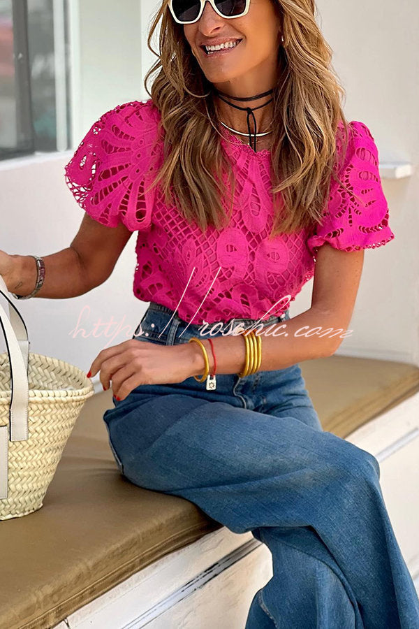 Here Comes The Sun Crochet Lace Puff Sleeve Blouse