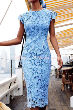 Fashion Party Dress O Neck Sleeveless Pencil Dress Mid Waist Lace Evening Dress for Banquet