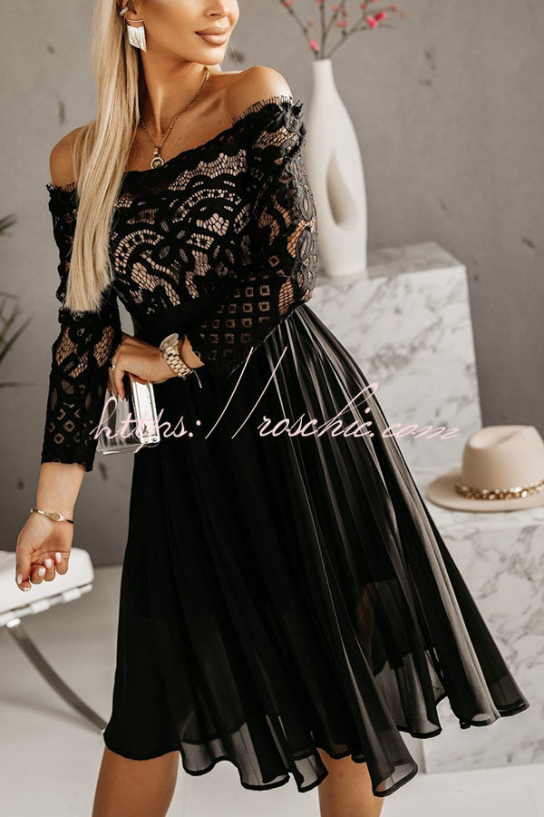 Kaia Lace Off Shoulder Pleated Midi Dress