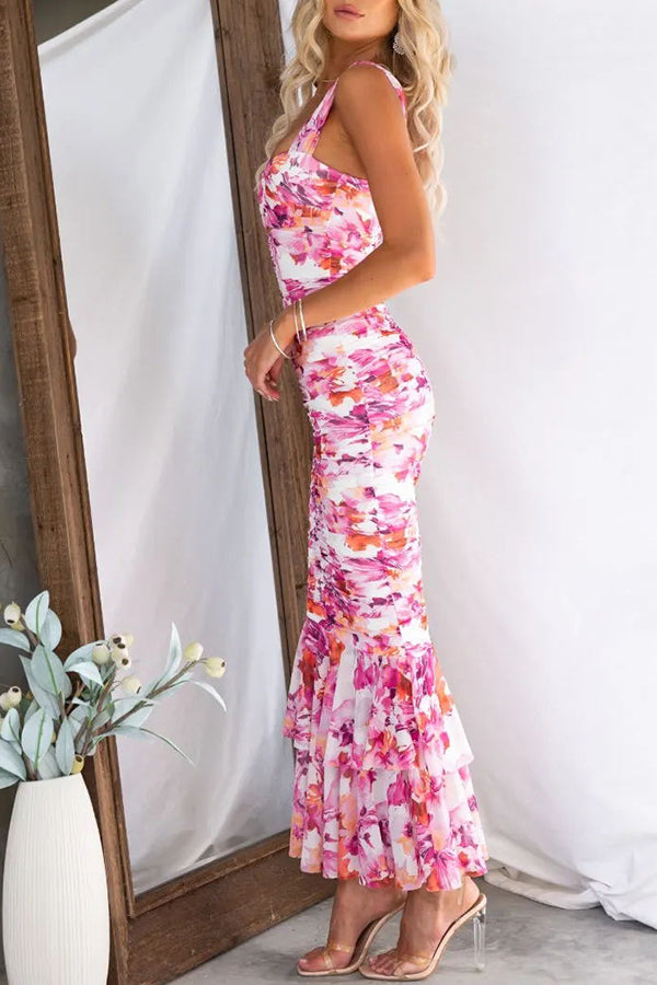 Styled To Perfection Floral Ruched Mesh Overlay Ruffle Hem Maxi Dress