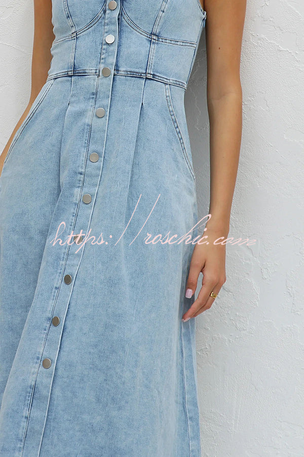 Spring Fling Washed Denim Button Pocket Back Smocked Midi Dress