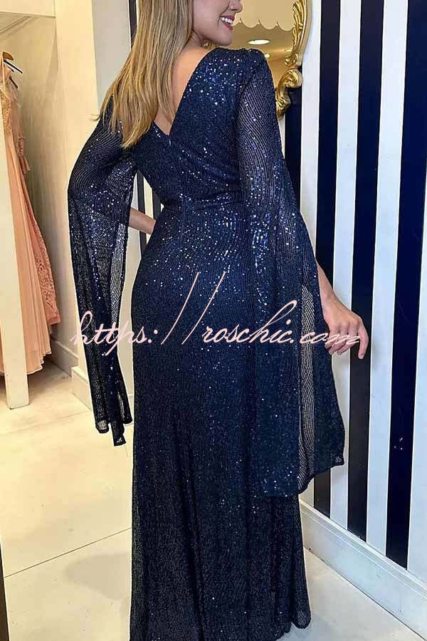 Shine Brighter Sequin Cape Sleeve Cross Waist Evening Maxi Dress