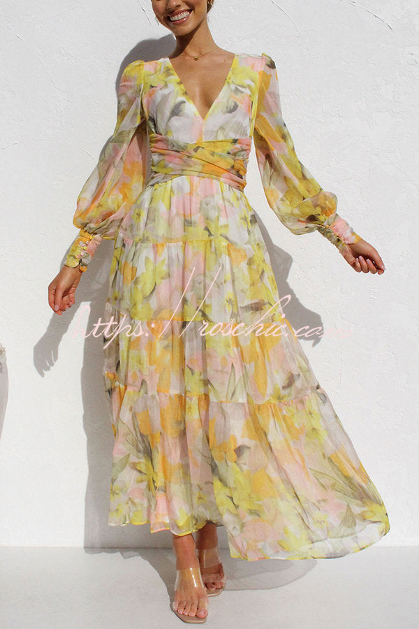 Olena Abstract Floral Balloon Sleeves Maxi Dress (The back is stretchy)