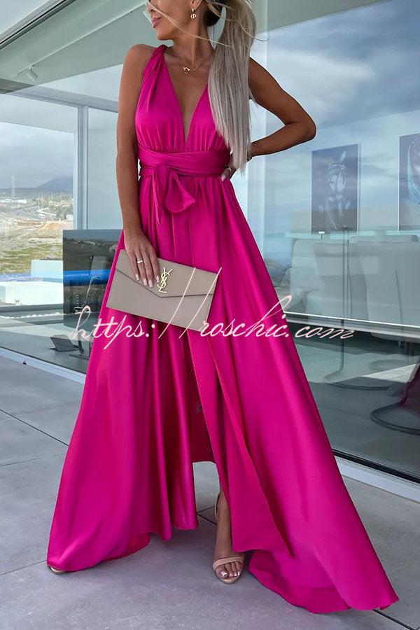 Different Elegant Effects Satin Free Tie Neck Slit Maxi Dress