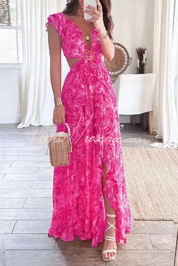 Boldest Bloom Floral Printed Ruffle Sleeve Cutout Maxi Dress