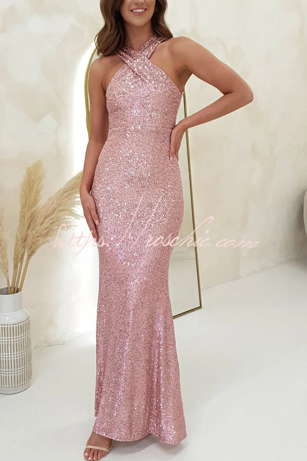 Time To Sparkle Sequin Cross Halter Neck Backless Maxi Dress