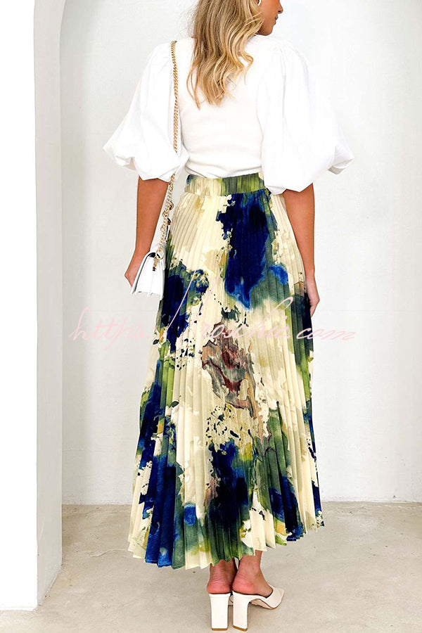 Abstract Art Paint Print Stretch Waist Pleated Skirts