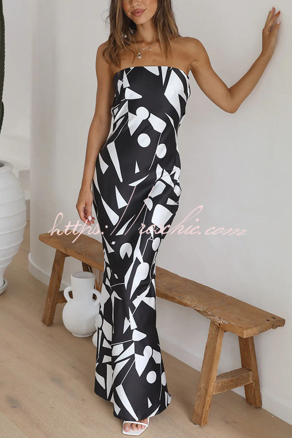 Cassy Satin Geometric Print Off Shoulder Maxi Dress