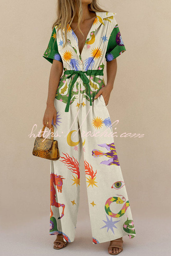 To New Hellos Linen Blend Unique Print Adjustable Waist Pocketed Wide Leg Shirt Jumpsuit