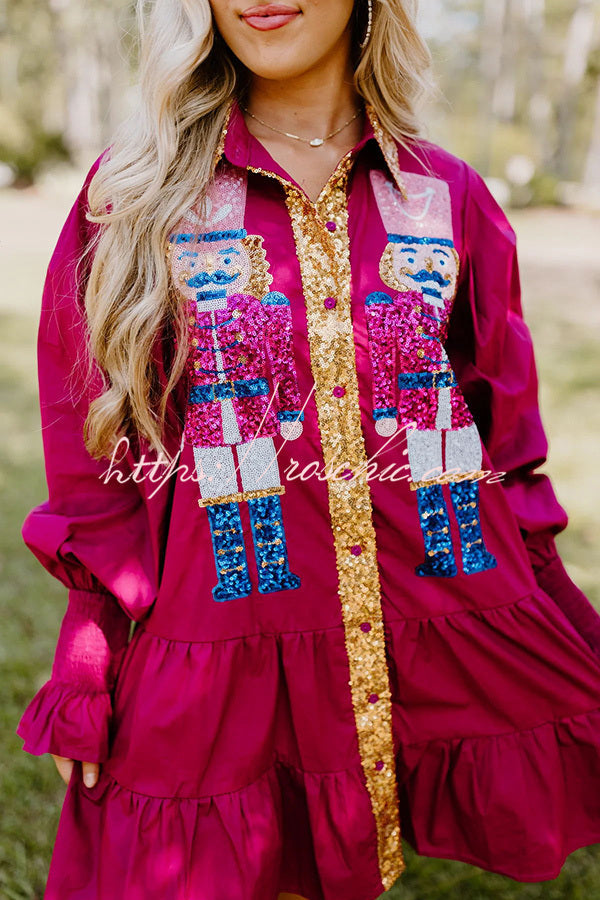 Nutcracker Sequined Button Down Long Sleeve Mini Dress