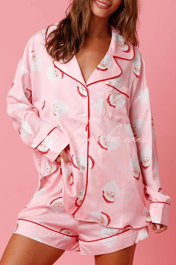 Dear Santa Satin Printed Elastic Waist Pocket Pajama Shorts Set