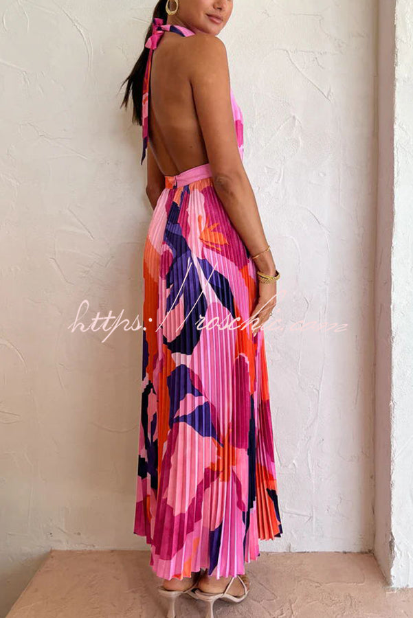 Romantic One Capri Print Halter Neck Pleated Maxi Dress