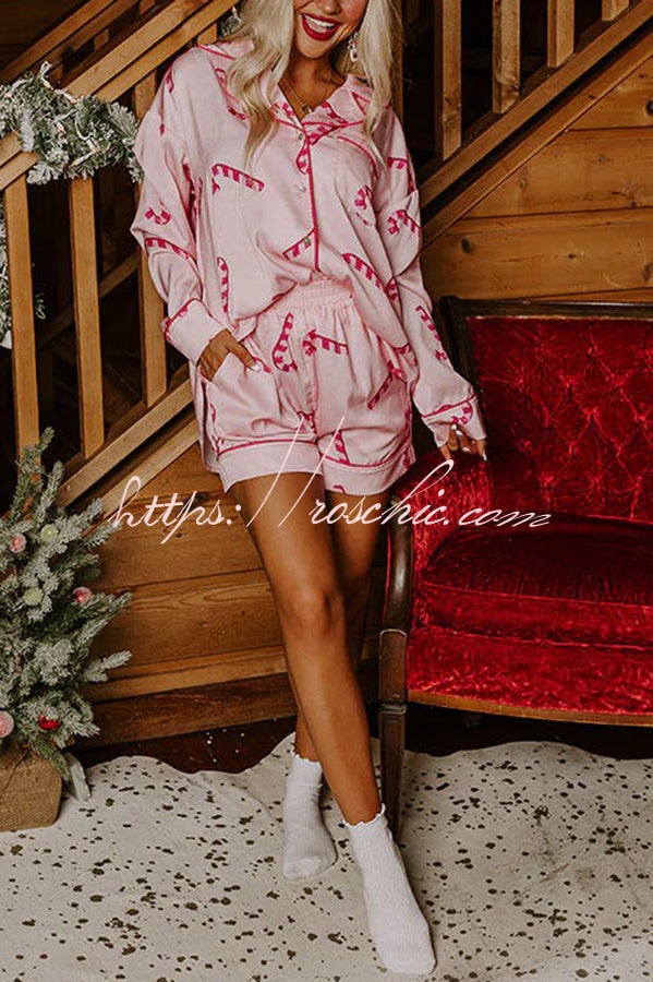 Candy Cane Kisses Satin Printed Elastic Waist Pocket Pajama Shorts Set