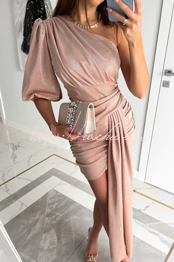 Light The Way Sequin Puff Sleeve One Shoulder Mini Dress