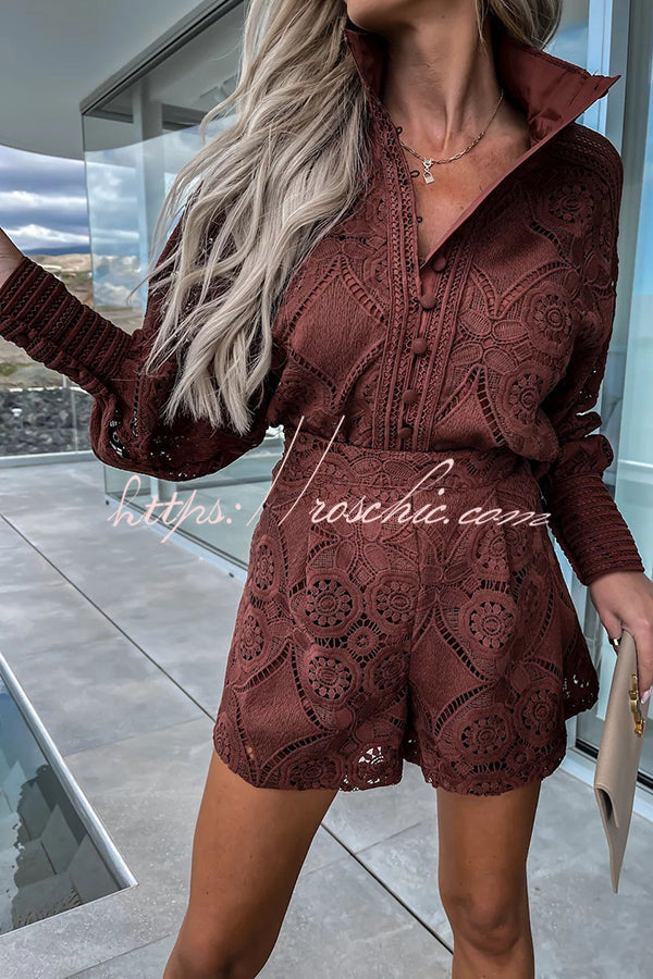 Radiant Blessings Eyelet Crochet Lace Blouse and Shorts Set