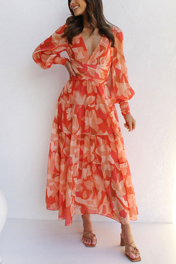 Olena Abstract Floral Balloon Sleeves Maxi Dress (The back is stretchy)