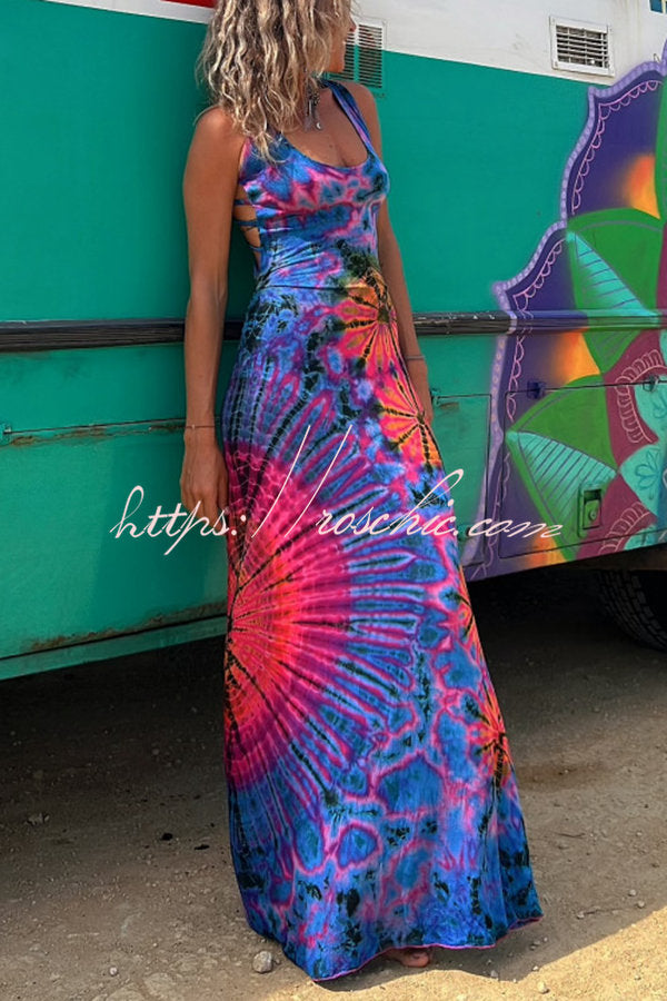 La Bamba Tie-dye Print Back Lace-up Stretch Maxi Dress Green / XL La Bamba Tie-dye Print Back Lace-up Stretch Maxi Dress Green / XL