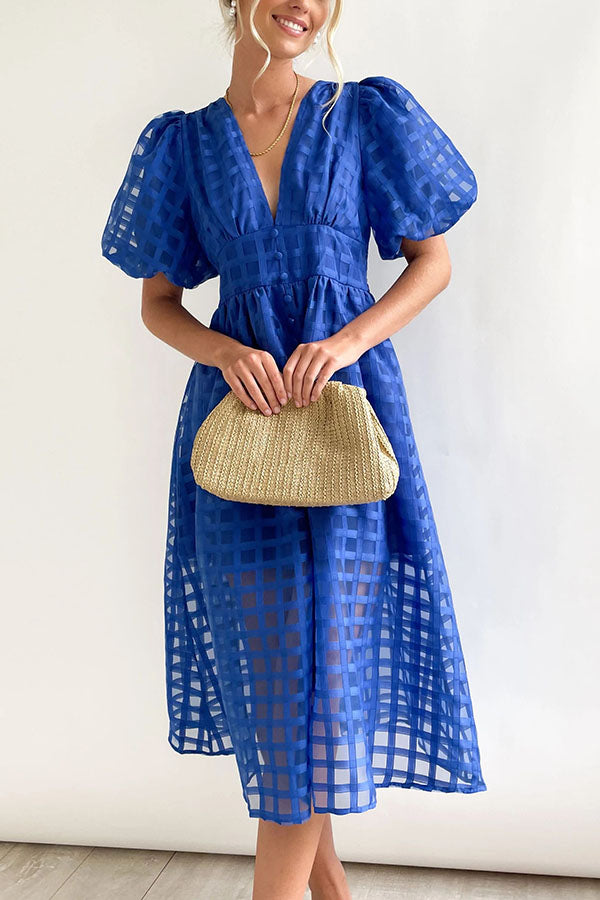 Remarkable Beauty Square Patterned Fabric Puff Sleeve Midi Dress