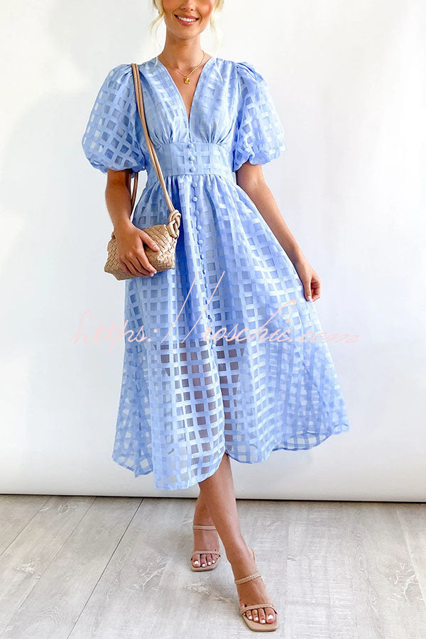 Remarkable Beauty Square Patterned Fabric Puff Sleeve Midi Dress