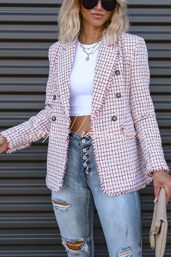 Out In NYC Tweed Plaid Double Breasted Blazer